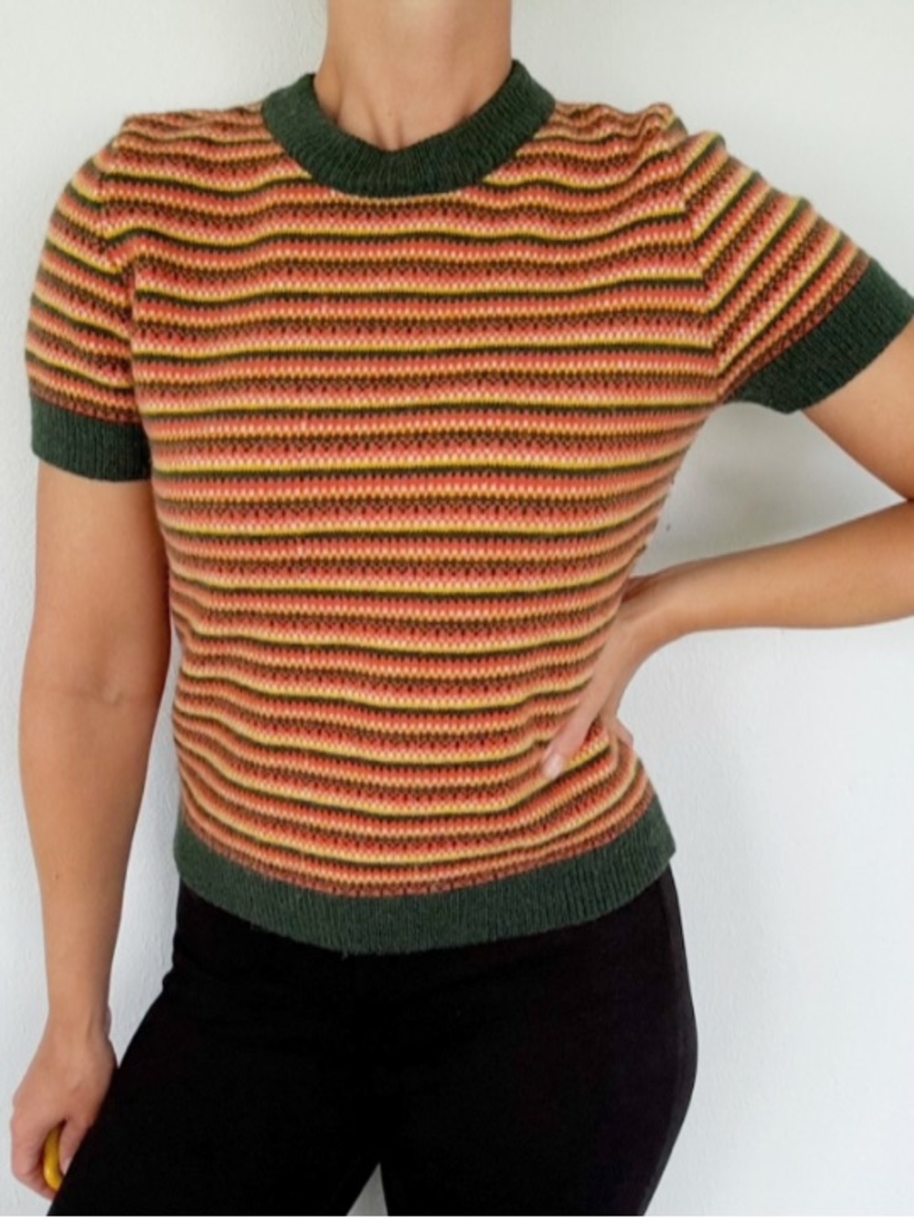Cider green and gold stripe print short sleeve knit ringer sweater top large